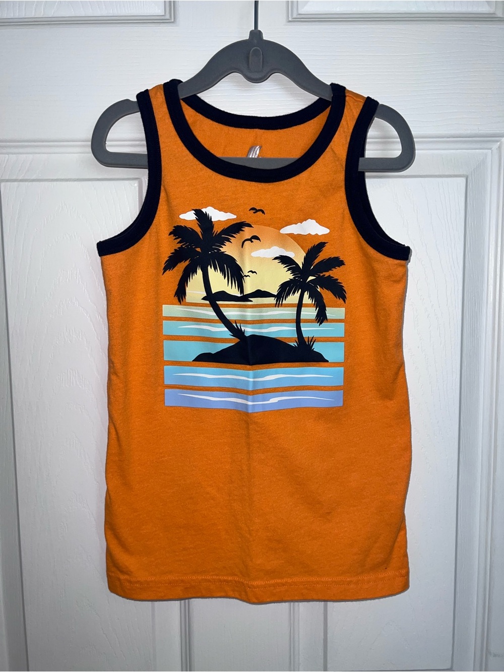 Kids 5/6 Orange Tank Top w/ Palm Sunset Graphic